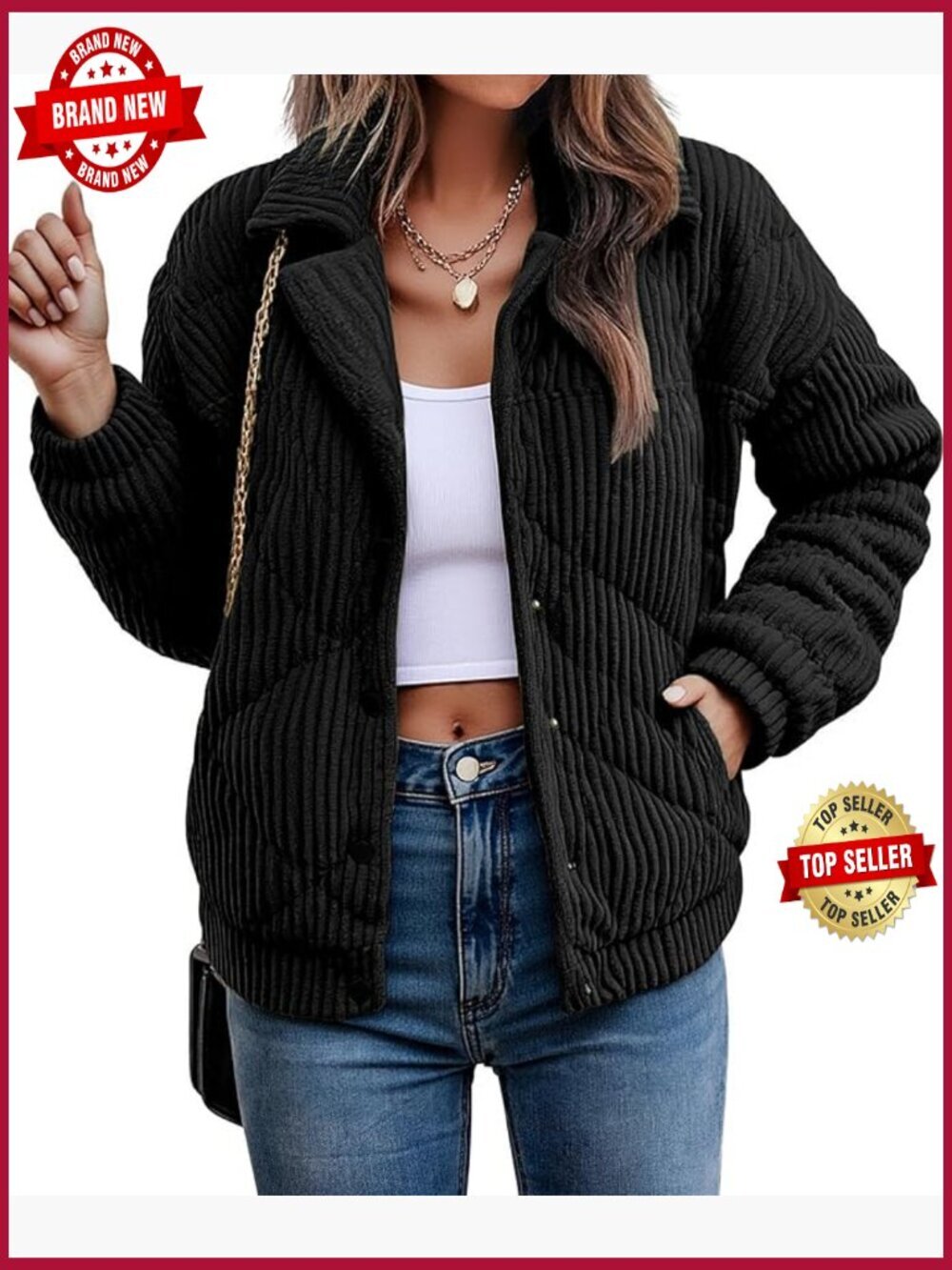 Women’s Quilted Corduroy Bomber Jacket Long Sleeve Zip Up Winter Coat